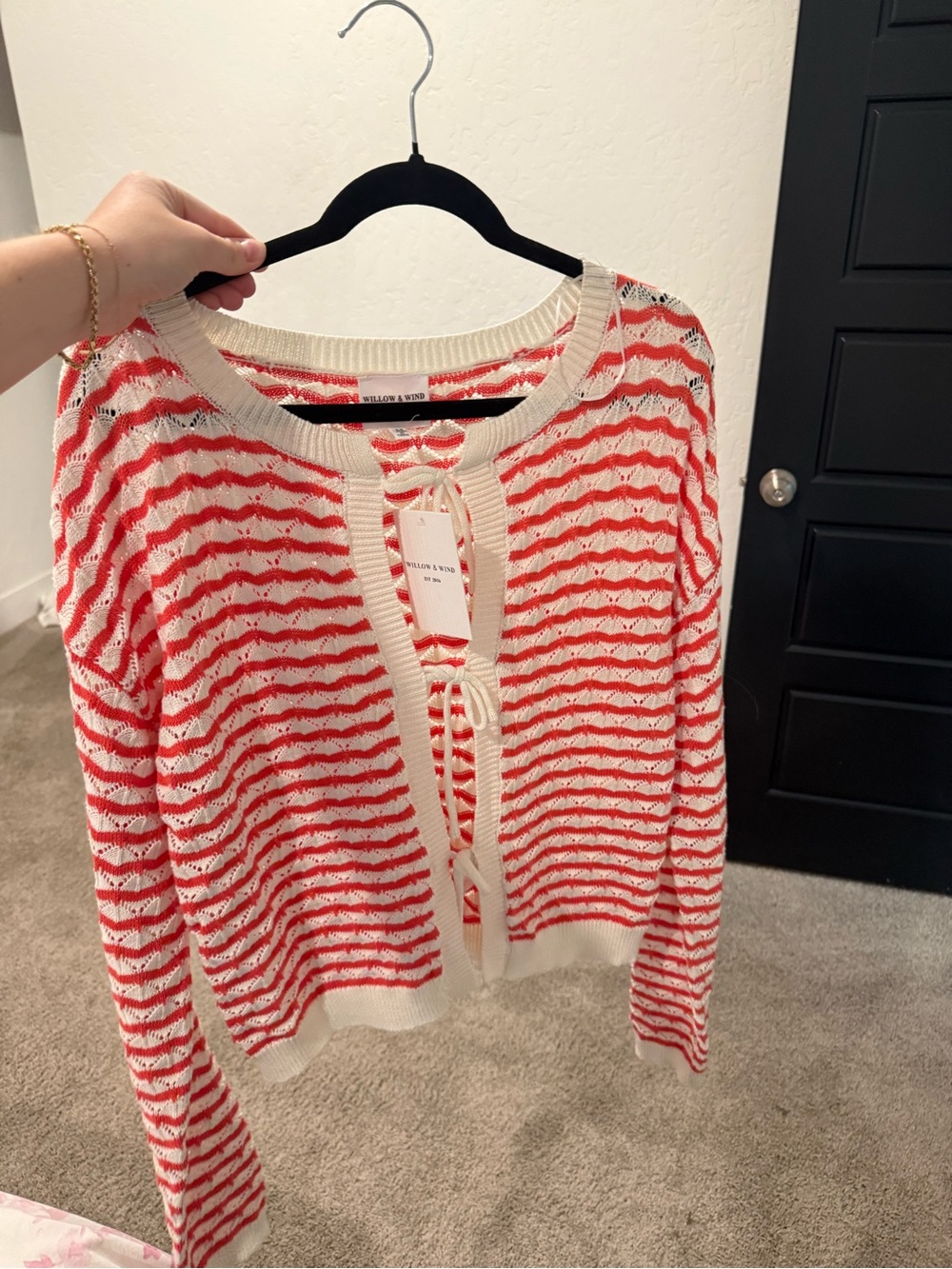 Willow & Clay Cream and Coral Striped Open-Knit Sweater